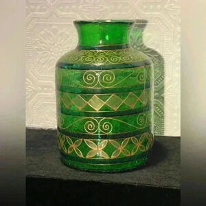 Vintage  Bohemian Green Crackle Gold-Gilded Vase